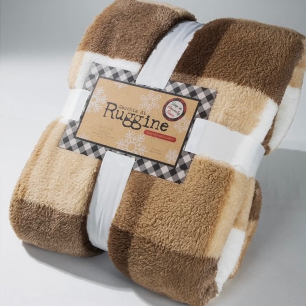 Macchia di Ruggine premium Sherpa blanket plaid brown, tan & cream 50 x 60” NWT